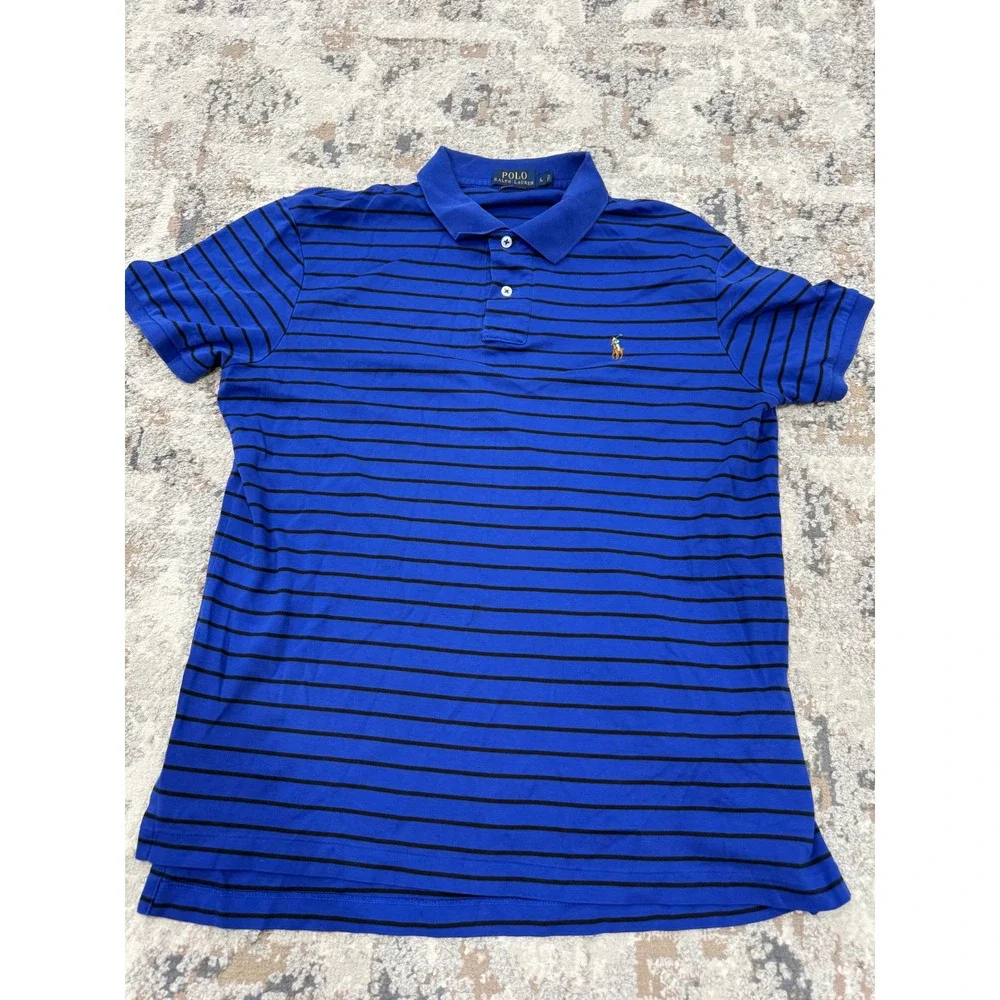 Polo Ralph Lauren Mens Blue Black Striped Pima Soft Touch Polo Shirt Large